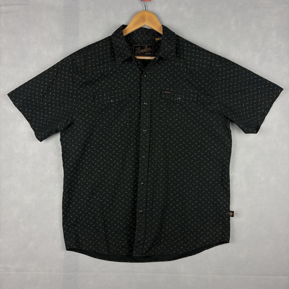 Howler Bros Pearl Snap Shirt Men’s Large Black Geometric Short Sleeve Outdoors